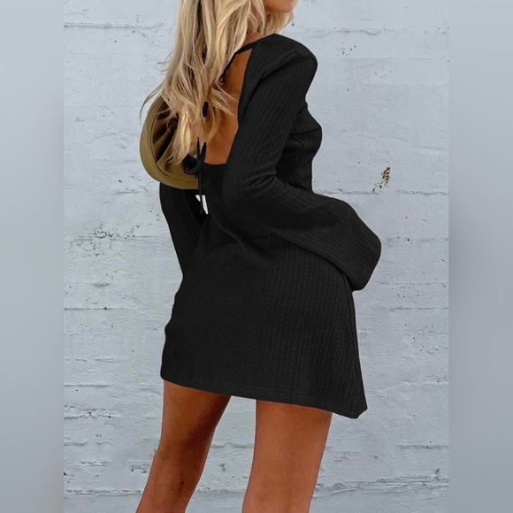Backless Round Neck Long Sleeve Mini Dress - Picture 2 of 6